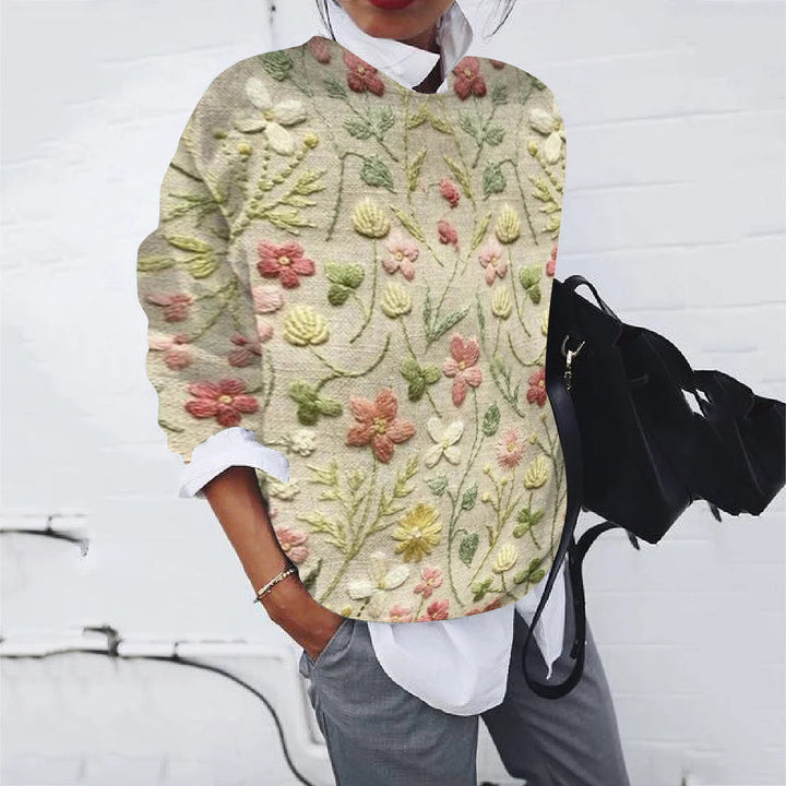 Women Loose Fair Isle Knit Sweater with Round Neck