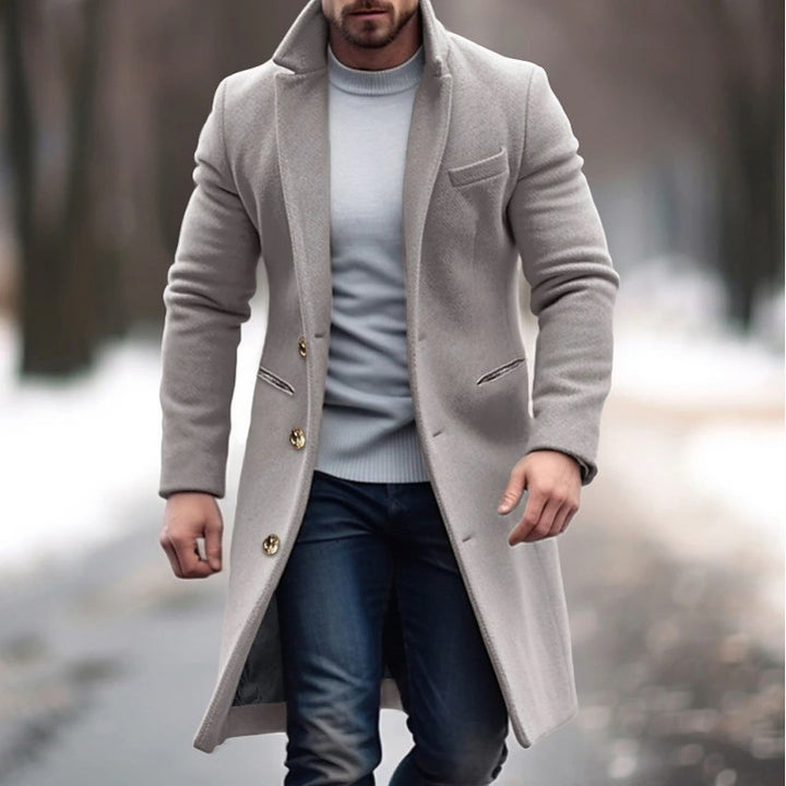 Men's Elegant Single-Breasted Long Coat Made of Wool Blend with Slim Silhouette and Lapel Collar Mune Fashion