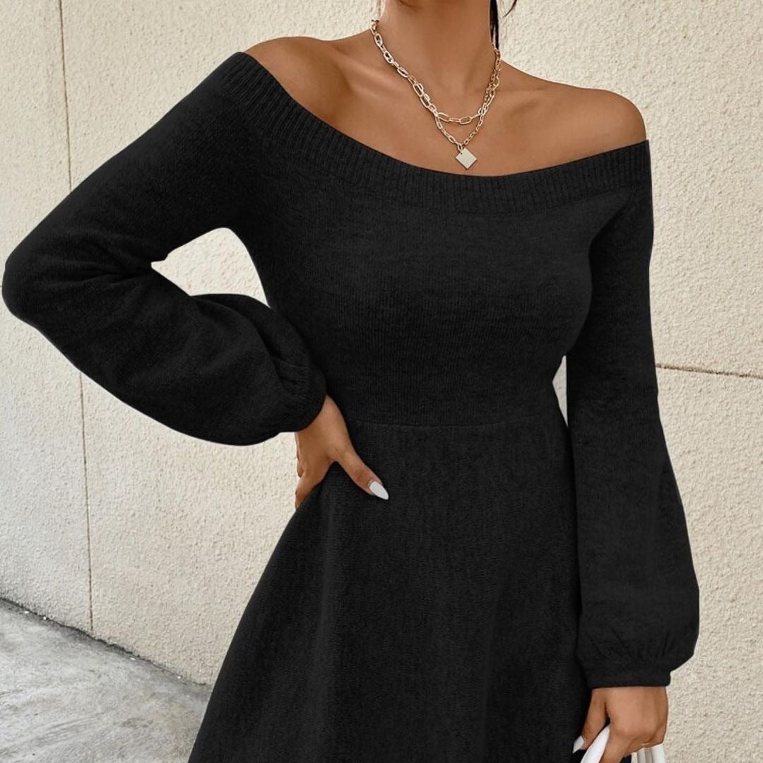 Women's Off-Shoulder Fine Knit Dress with Fitted Cut and Balloon Sleeves Mune Fashion
