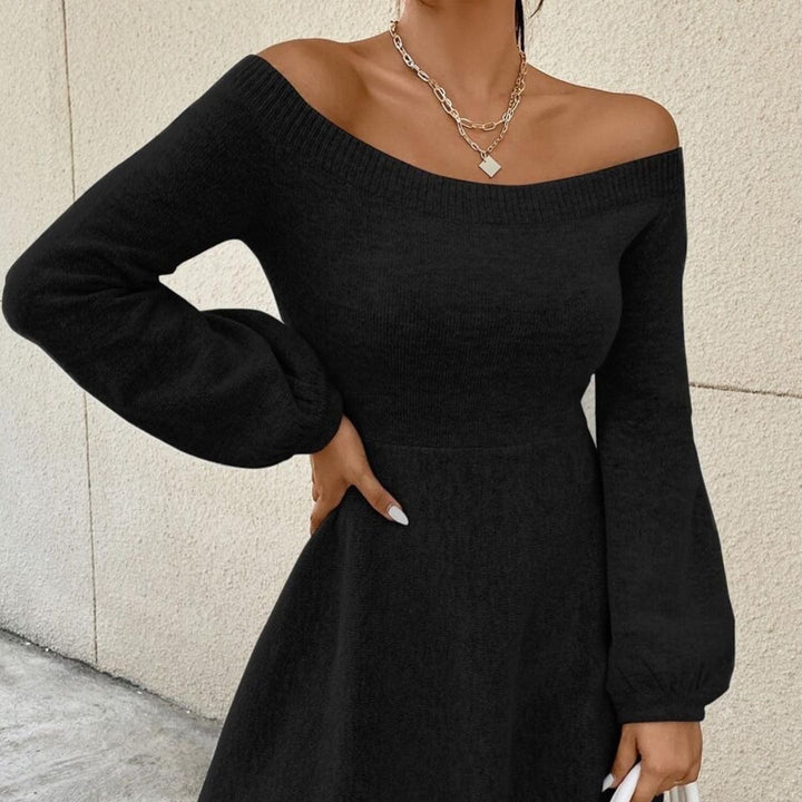 Women's Off-Shoulder Fine Knit Dress with Fitted Cut and Balloon Sleeves Mune Fashion