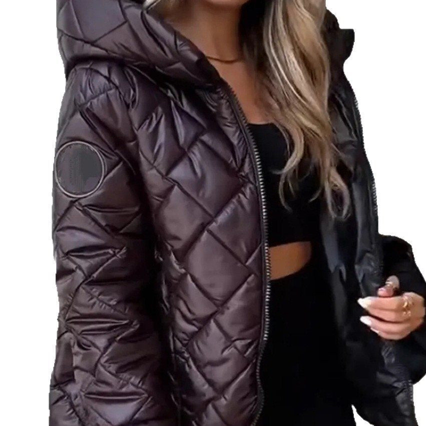 Women's Padded Hooded Quilted Jacket with Check Quilting, Light Thermal Filling and Full-Length Zipper Mune Fashion