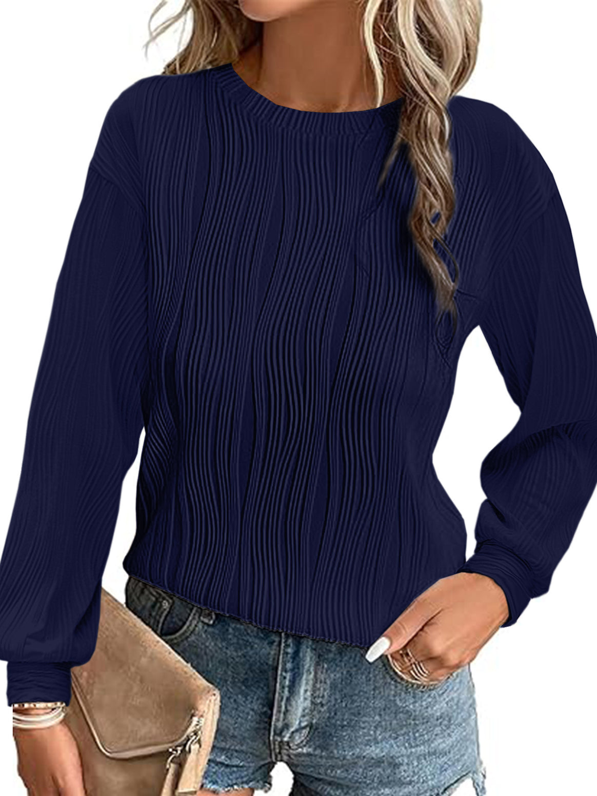 Women Pleated Fine Knit Long Sleeve with Round Neck Mune Fashion