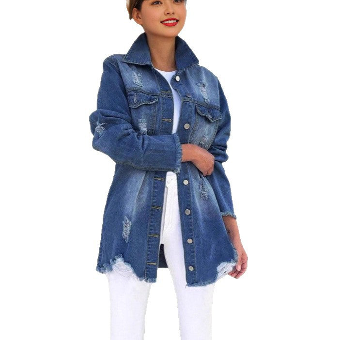 Women's Oversized Denim Jacket with Destroyed Details, Fringed Hem and Concealed Button Placket Mune Fashion