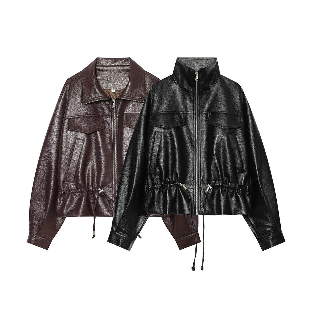 Women's Cropped Faux Leather Blouson with High Stand-up Collar, Flap Pockets and Drawstring