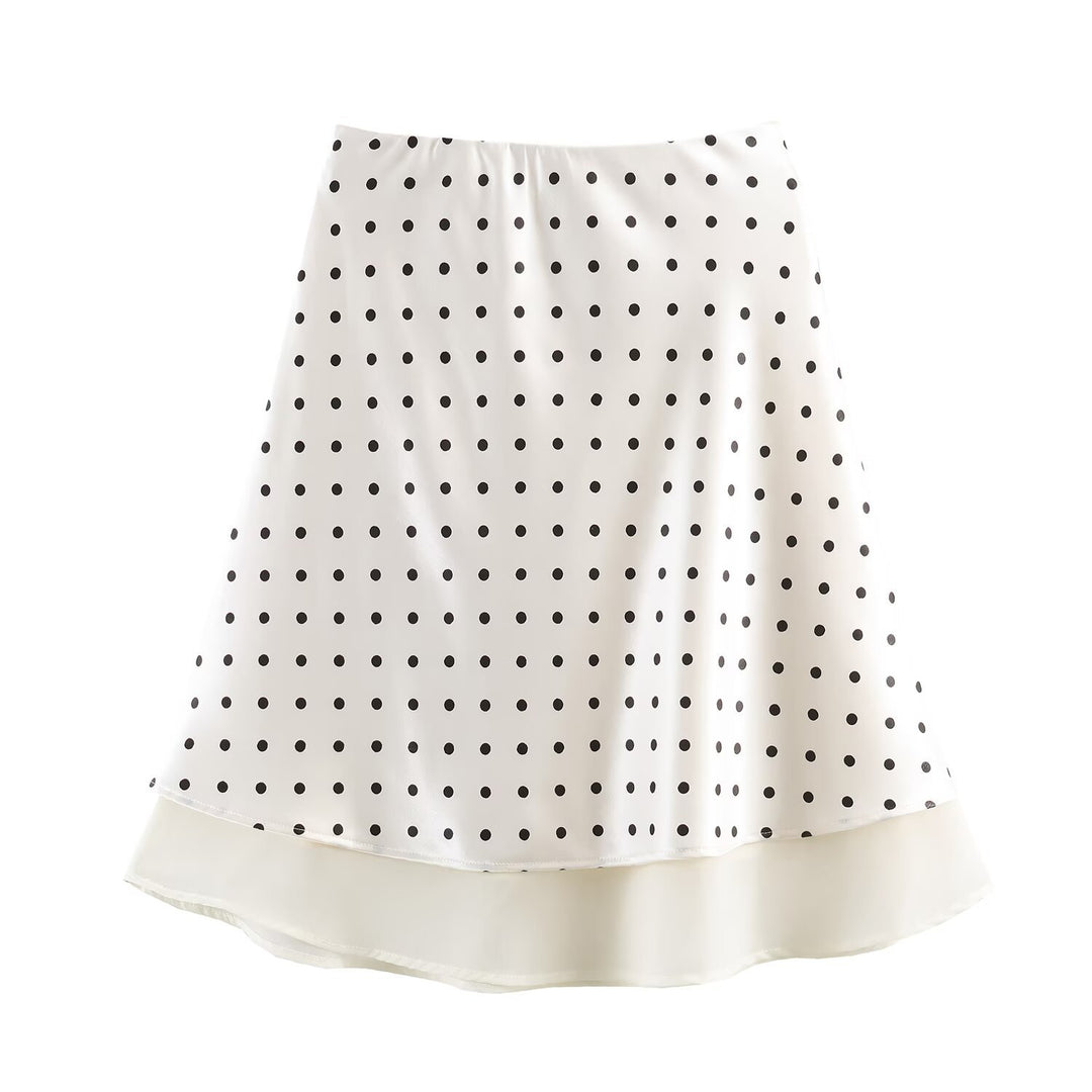 Women's A-Line Midi Skirt with Double Layer Hem and Polka Dot Print
