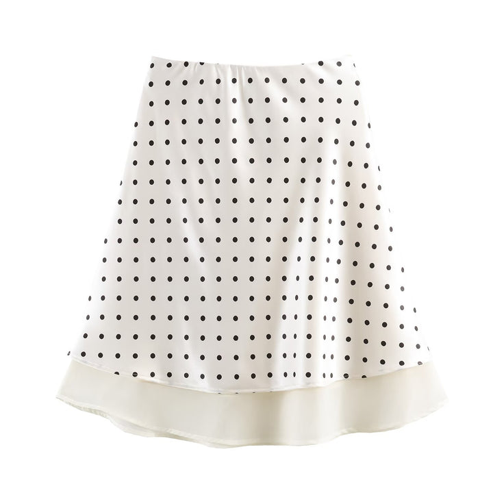 Women's A-Line Midi Skirt with Double Layer Hem and Polka Dot Print