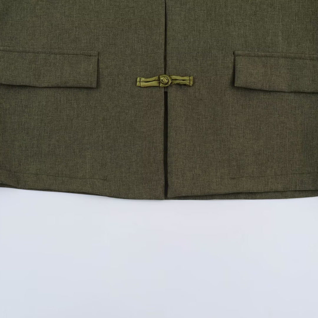 Women's Boxy Linen Blend Jacket with Stand Collar and Chinese Toggle Closures Mune Fashion
