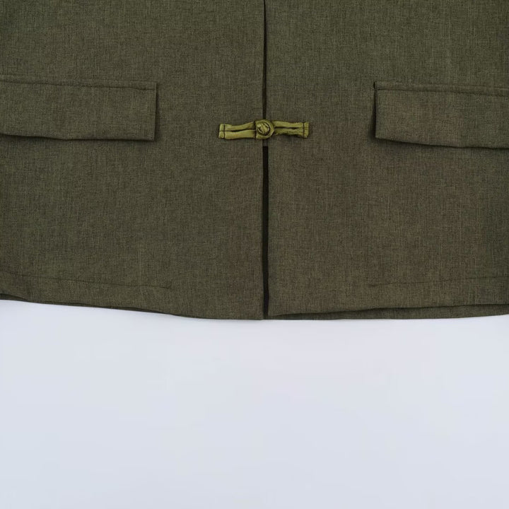 Women's Boxy Linen Blend Jacket with Stand Collar and Chinese Toggle Closures Mune Fashion