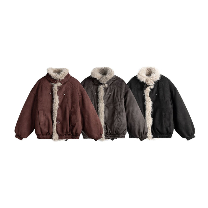 Women's boxy bomber jacket made of faux suede with a voluminous faux fur collar Mune Fashion