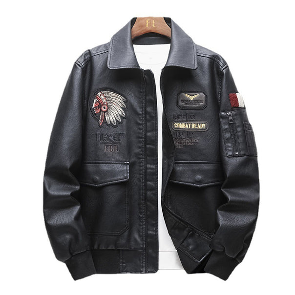 Men's pilot bomber jacket made of faux leather with embroidered patches and ribbed cuffs Mune Fashion
