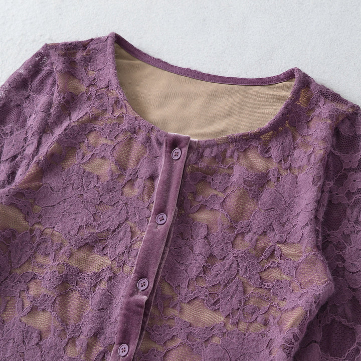 Ladies Fine Lace Cardigan with Matching Under Top and Velvet Trim Mune Fashion