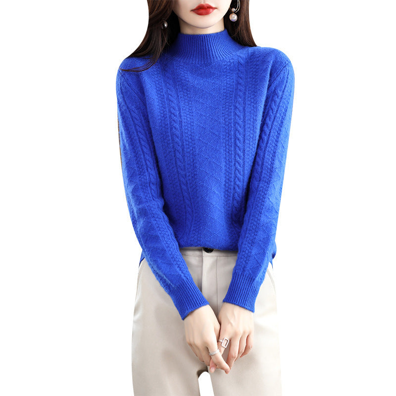 Women's Soft Mohair-Look Mockneck Sweater with Cable Pattern and Fine Ribbed Collar Mune Fashion