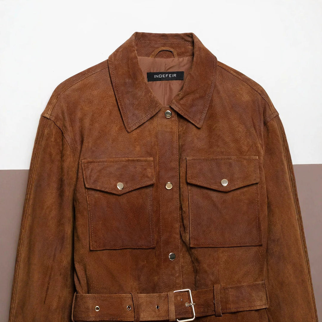 Women's short jacket in safari style made of suede with waist belt and patch chest pockets Mune Fashion