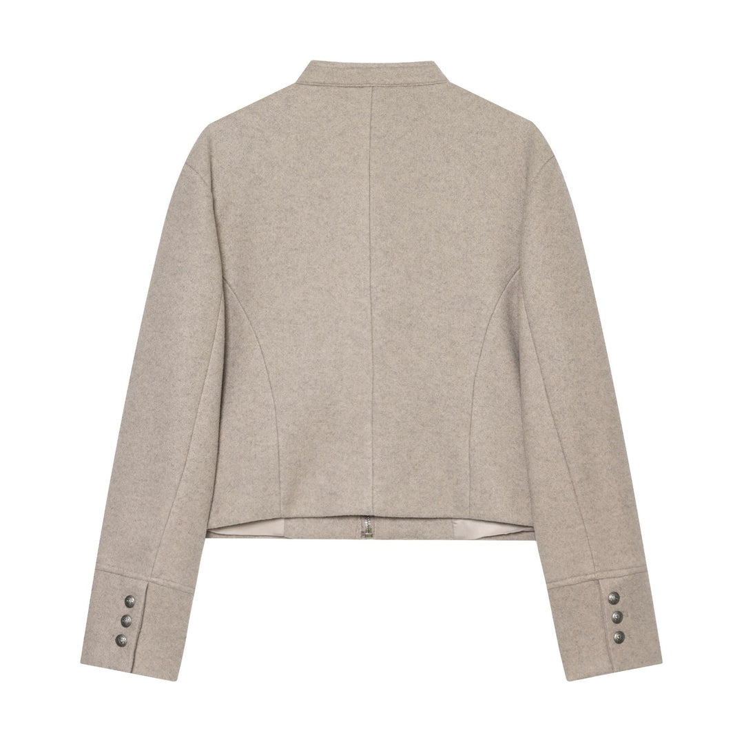 Women's Short Jacket Military-inspired Wool Blend Cropped Jacket with Stand Collar, Epaulettes and Decorative Button Placket Mune Fashion
