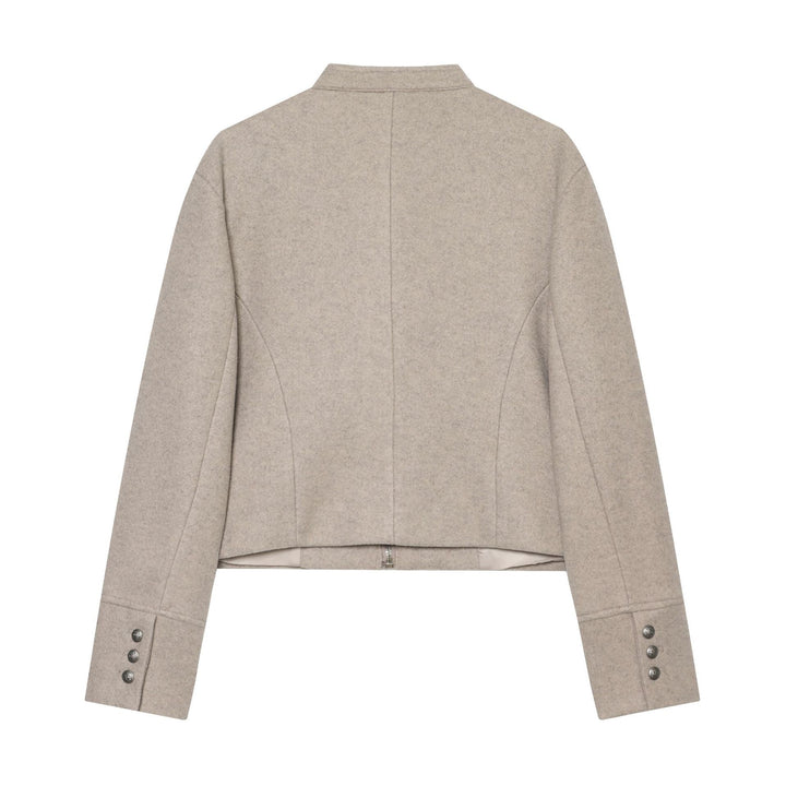 Women's Short Jacket Military-inspired Wool Blend Cropped Jacket with Stand Collar, Epaulettes and Decorative Button Placket Mune Fashion