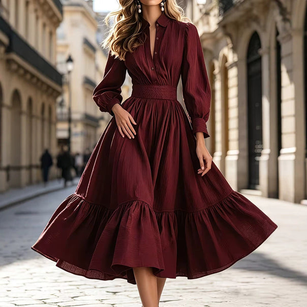 Women's shirt dress with wide smocked waistband, curved tiered frill, and long cuffed sleeves Mune Fashion