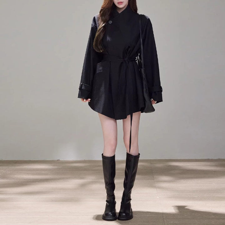 Women Short Wrap Coat Dress with Waist Belt and Casual A-Line Mune Fashion
