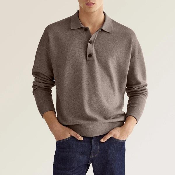 Men's fine knit polo sweater with long sleeves, ribbed cuffs, and subtle button placket EB