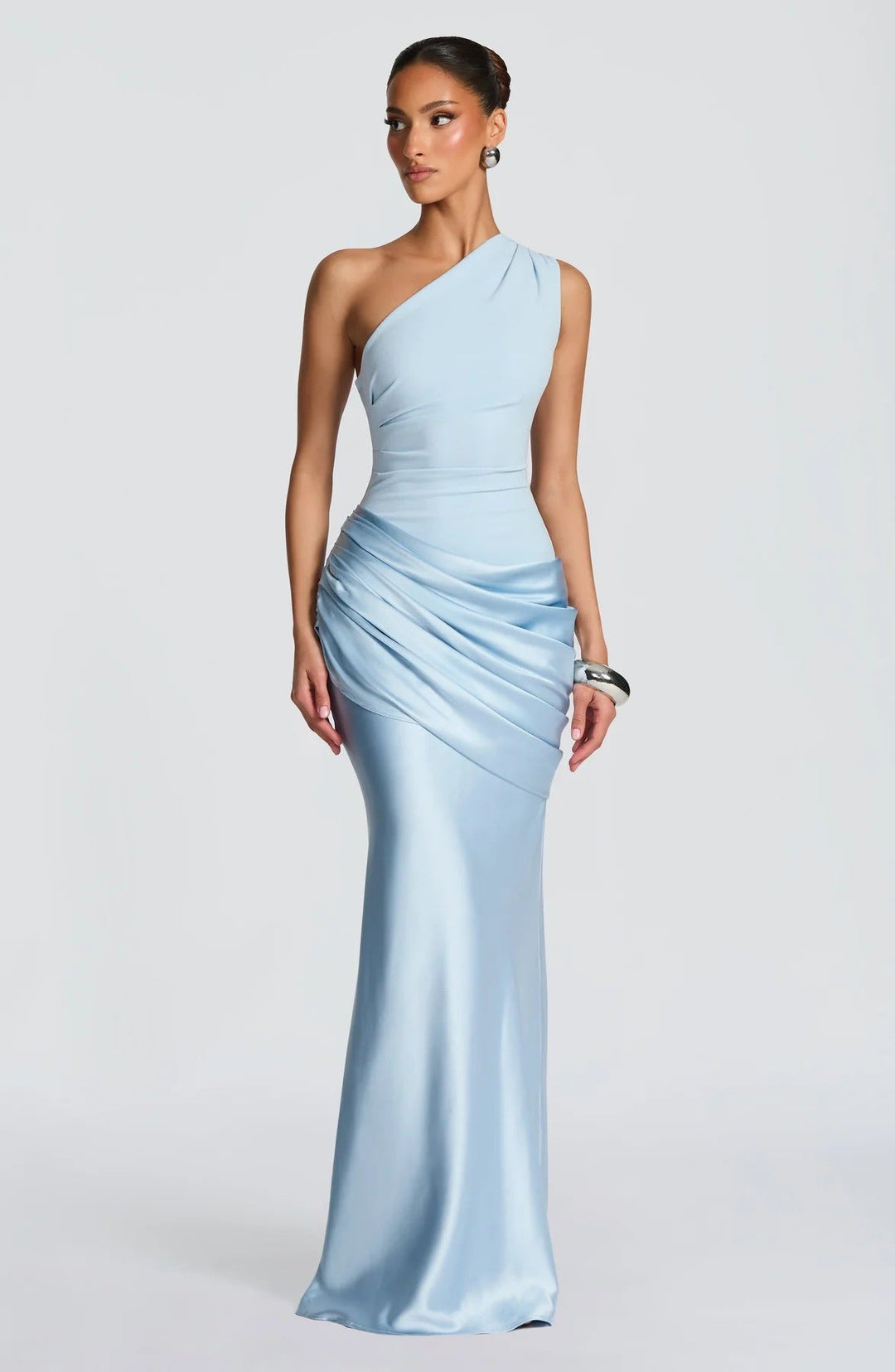 Women's elegant asymmetrical satin evening dress with drape design Mune Fashion