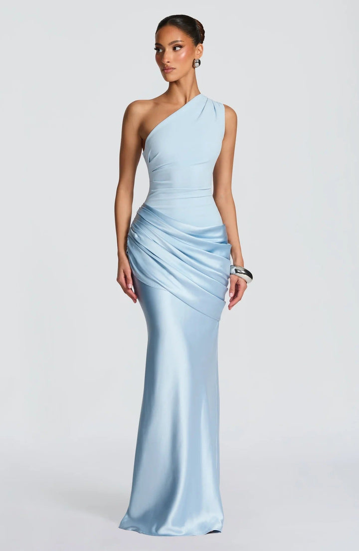 Women's elegant asymmetrical satin evening dress with drape design Mune Fashion