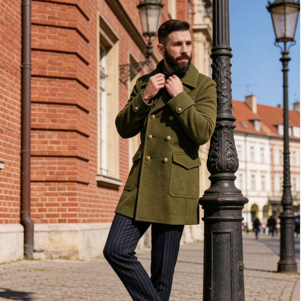 Men's Double-Breasted Peacoat made of Wool Blend with Metal Buttons and Flap Pockets Mune Fashion