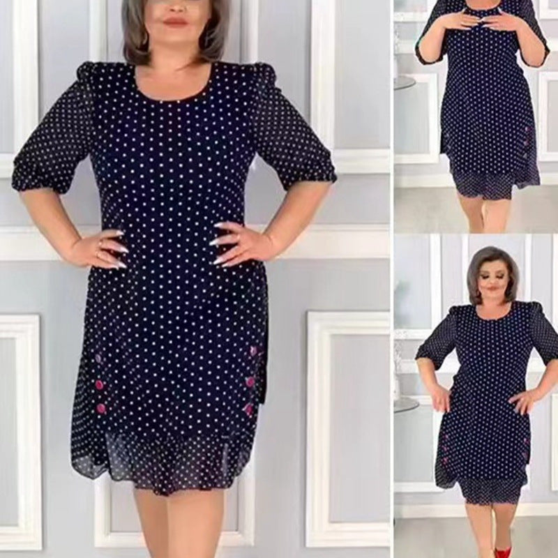 Women's Chiffon Midi Dress with Polka Dot Pattern, Feminine A-Line and Delicate Floral Embroidery Mune Fashion