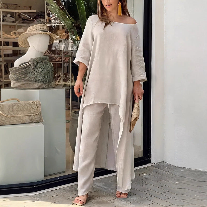 Women's oversized linen two-piece set with asymmetrical tunic and loose Marlene pants Mune Fashion