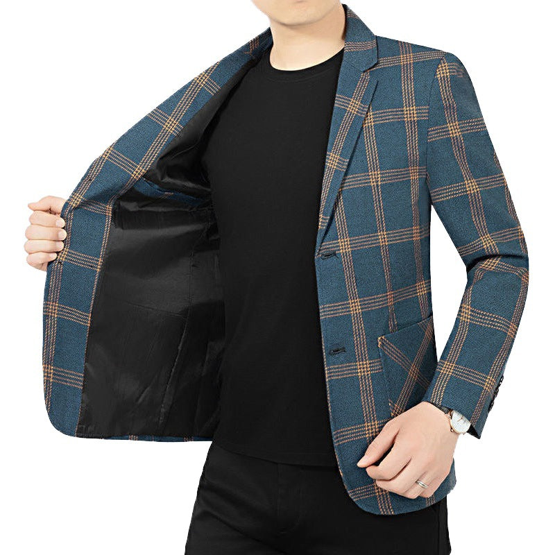 Men's Checkered Slim Blazer Made of Wool Blend with Lapel Collar Mune Fashion