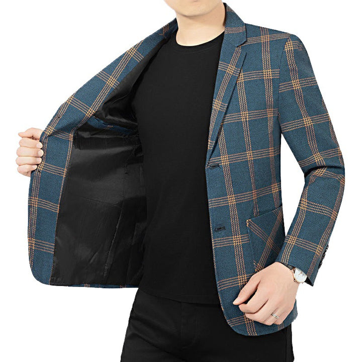 Men's Checkered Slim Blazer Made of Wool Blend with Lapel Collar Mune Fashion
