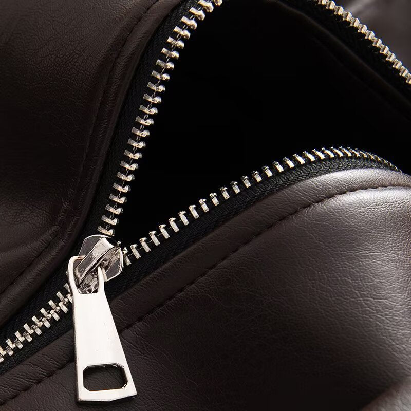 Women's Oversized Faux Leather Bomber Jacket with Utility Pockets, High Collar and Elastic Hem Mune Fashion