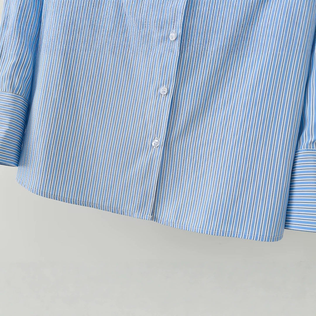 Women Oversized Striped Blouse with Shirt Collar and Cuffs Mune Fashion