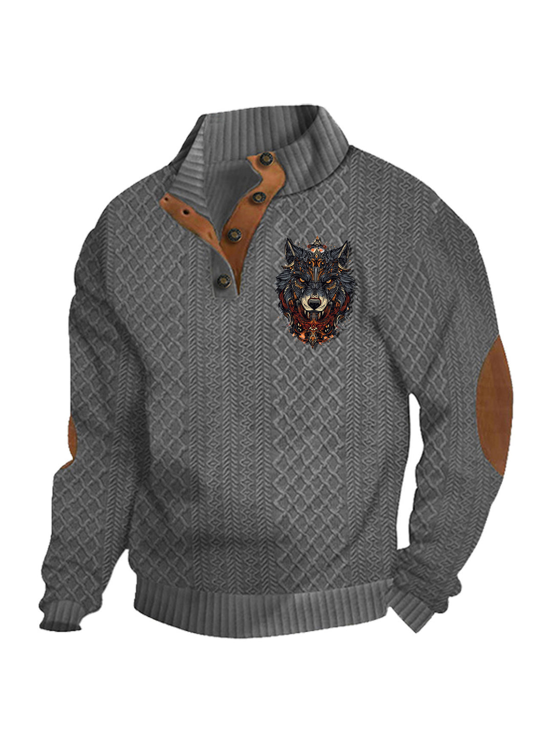 Men's nan Heritage textured pullover with stand-up collar faux leather trim elbow patches and half-button placket Mune Fashion