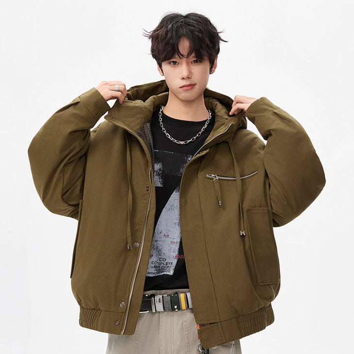 Men's Utility Hooded Jacket with Zipper, Multifunctional Pockets and Elastic Hem Drune
