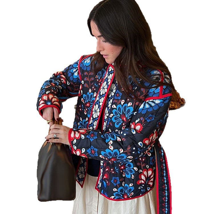 Women's Tailored Quilted Jacquard Cotton Jacket with Folk Floral Pattern & Tie Belt Mune Fashion