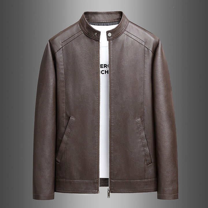 Men's Simple Faux Leather City Jacket with Stand Collar, Two-Way Zipper & Side Pockets Mune Fashion