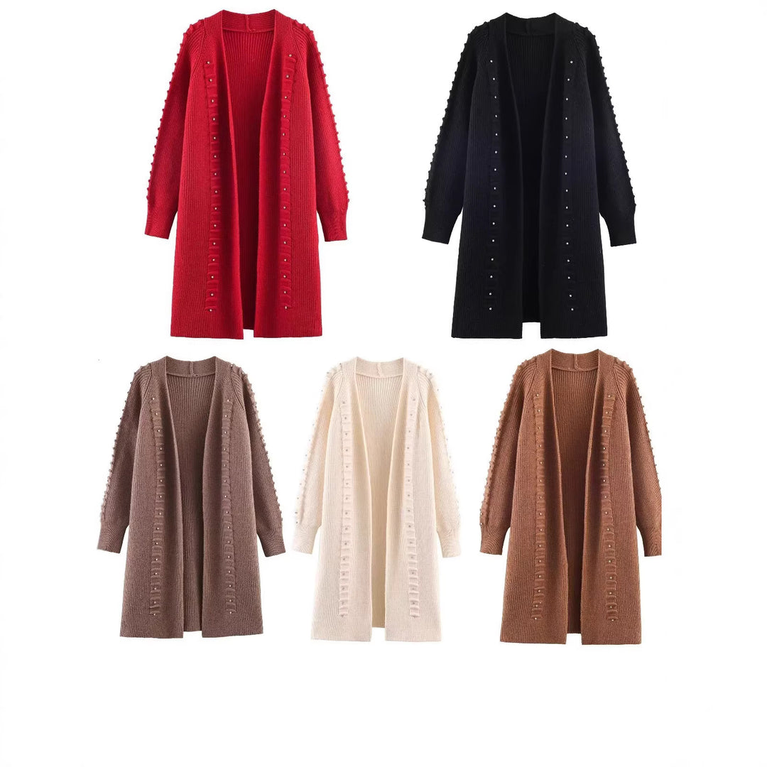 Women Longline Knit Cardigan with Bead and Ruffle Detail Open Front Mune Fashion