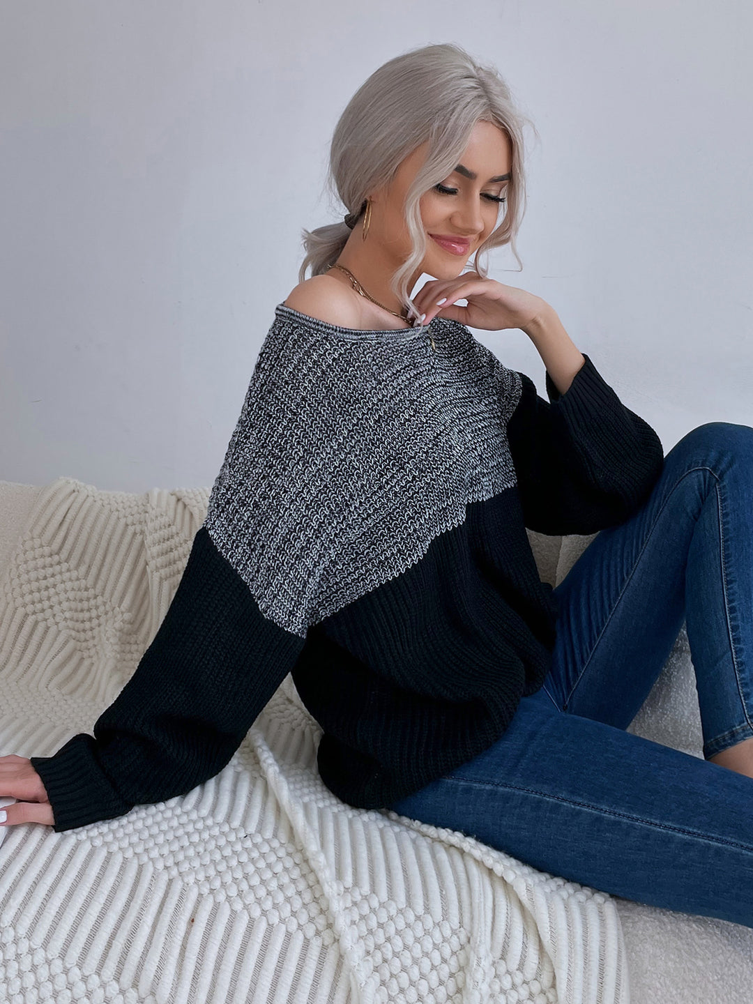 Women's Oversized Wool Blend Sweater with Off-the-Shoulder Neckline, Textured Knit and Casual Tunic Silhouette