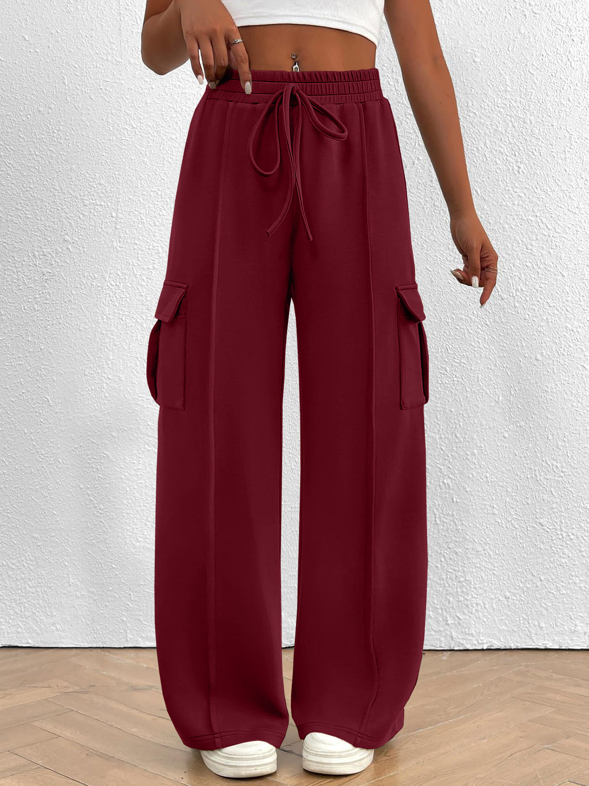 Women Wide Cargo Lounge Pants with Drawstring Waist and Flap Pockets Mune Fashion