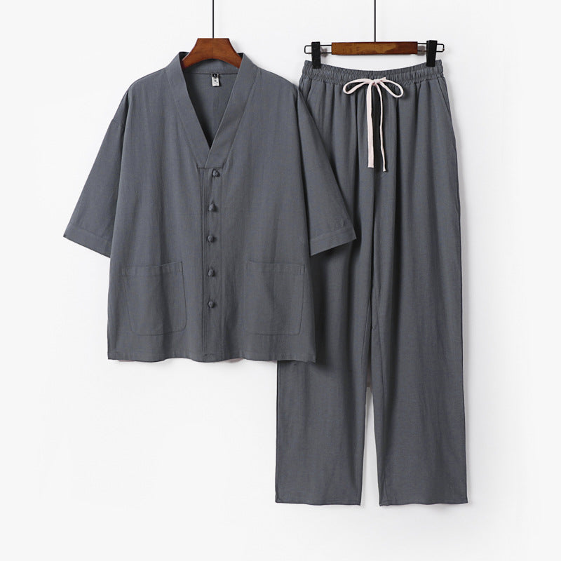 Men's kimono two-piece set made of linen blend with V-neck, patch pockets, and drawstring pants Mune Fashion