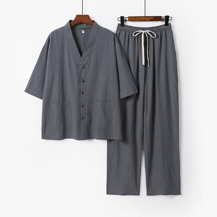 Men's kimono two-piece set made of linen blend with V-neck, patch pockets, and drawstring pants Mune Fashion