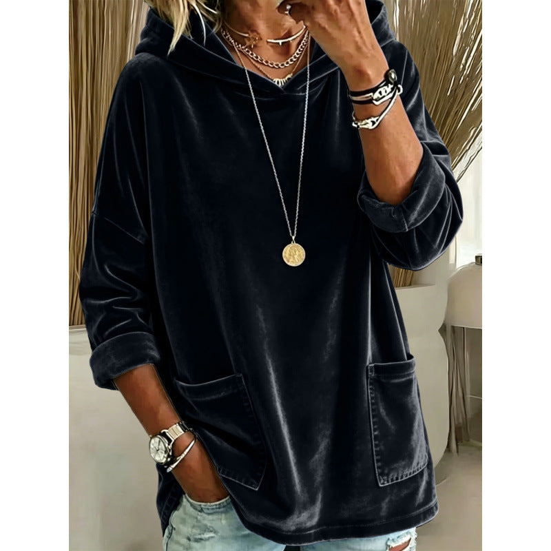 Women Velvet Hoodie with Hood, Oversized Cut and Applied Pockets Mune Fashion