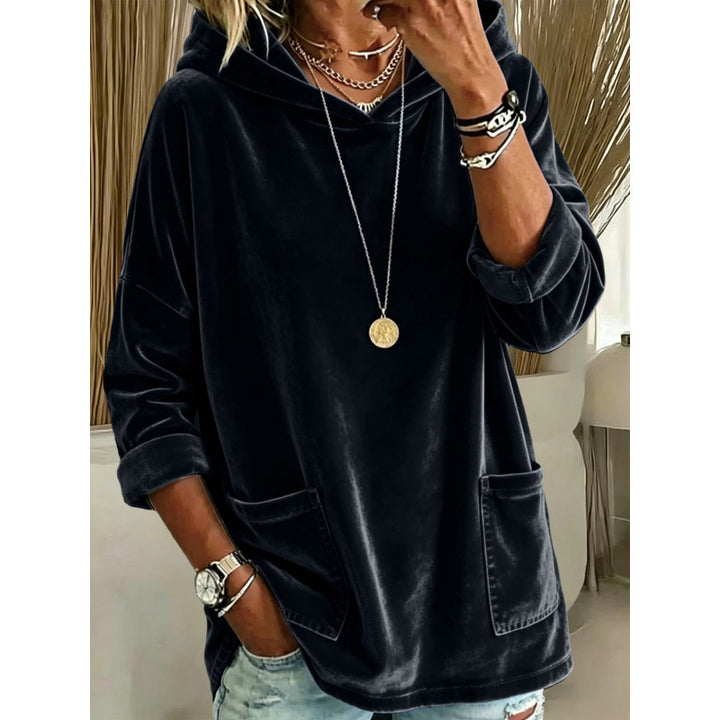 Women Velvet Hoodie with Hood, Oversized Cut and Applied Pockets Mune Fashion