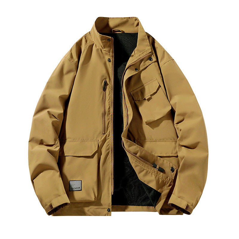 Men's Lightweight Utility Field Jacket with Stand-Up Collar, Multiple Pockets and Breathable Mesh Lining Mune Fashion
