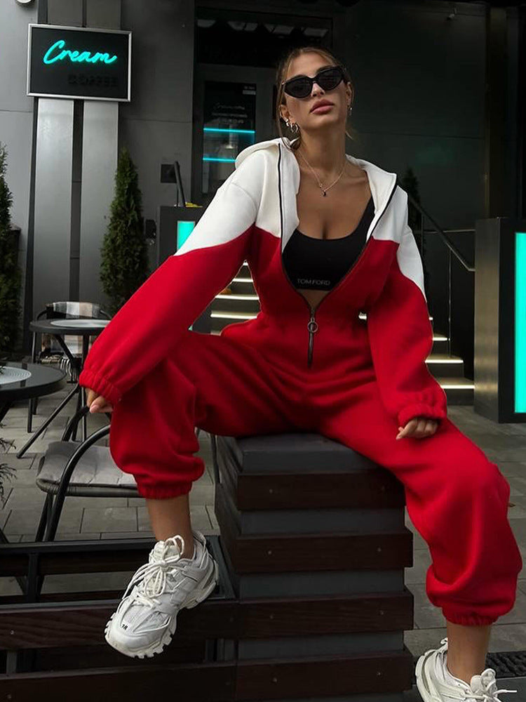 Women's two-piece crop zip hoodie and high-waist relaxed pants with wide leg Mune Fashion