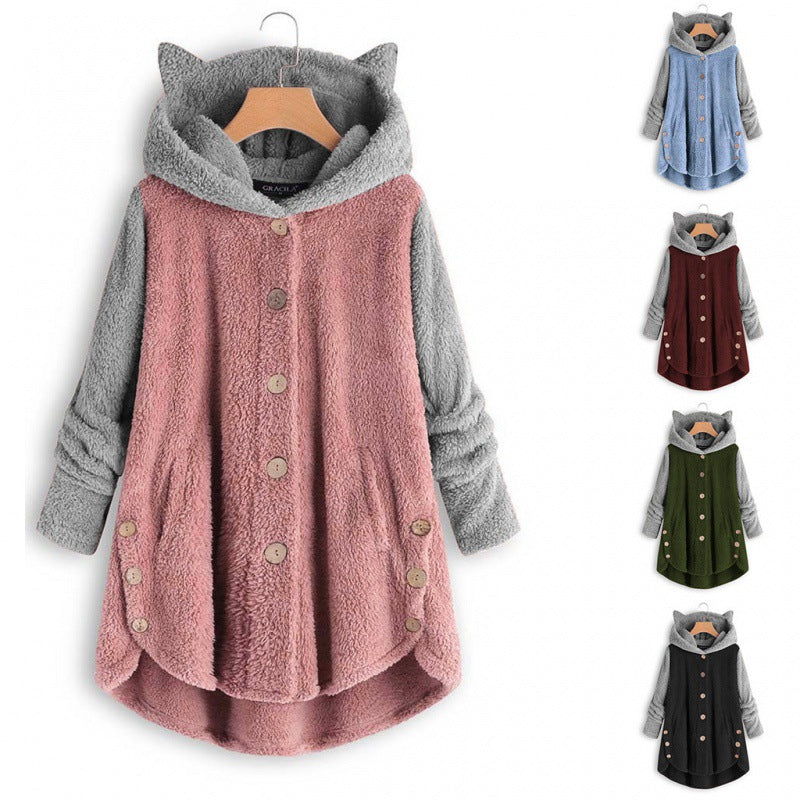 Women's Cozy Hooded Teddy Jacket with Cat Ears, Wooden Button Details and High-Low Hem Mune Fashion