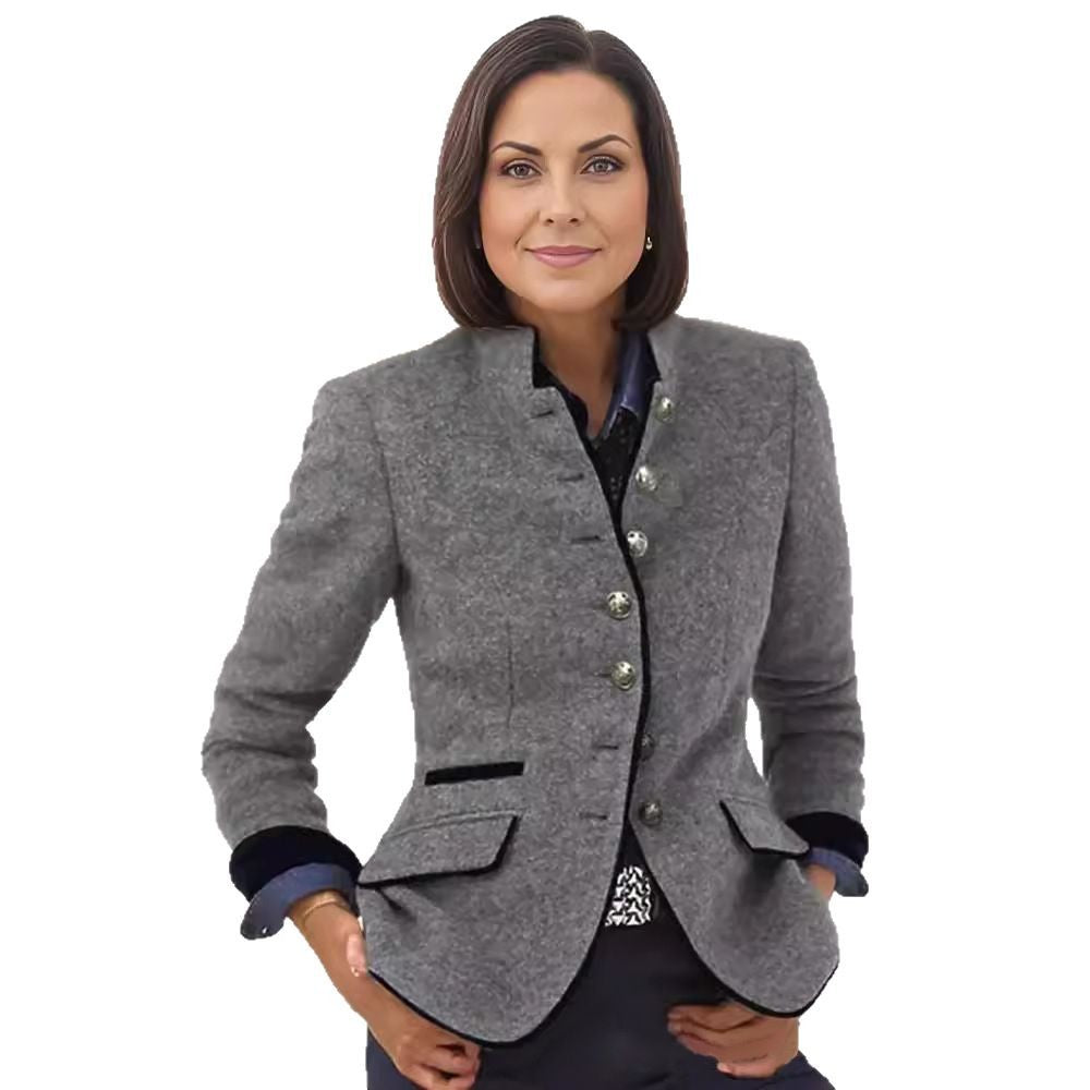 Women Tailored Walk Blazer with Stand Collar, Velvet Trim and Decorative Buttons Mune Fashion
