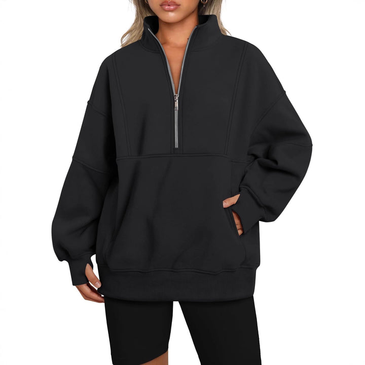 Women's Oversized Sweatshirt with Half Zipper, Stand-Up Collar and Kangaroo Pocket Mune Fashion