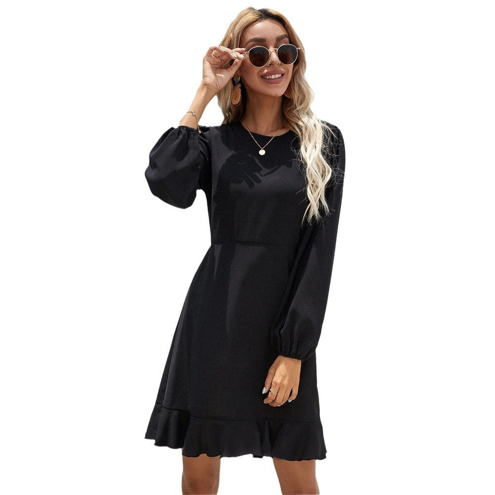 Ladies elegant long-sleeve mini dress with puff sleeves fitted empire silhouette and flounce hem Mune Fashion
