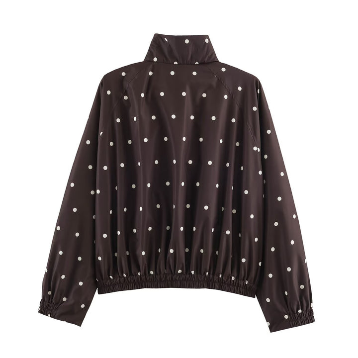 Women's Lightweight Polka Dot Rain Jacket with Stand-Up Collar and Elastic Hem