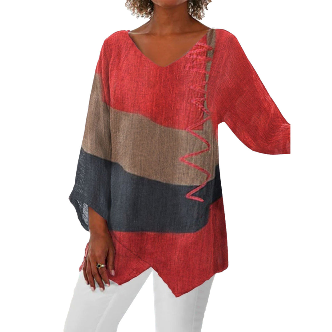 Women Casual A-Line Linen Look Tunic with Color Block Stripes and V-Neck Mune Fashion